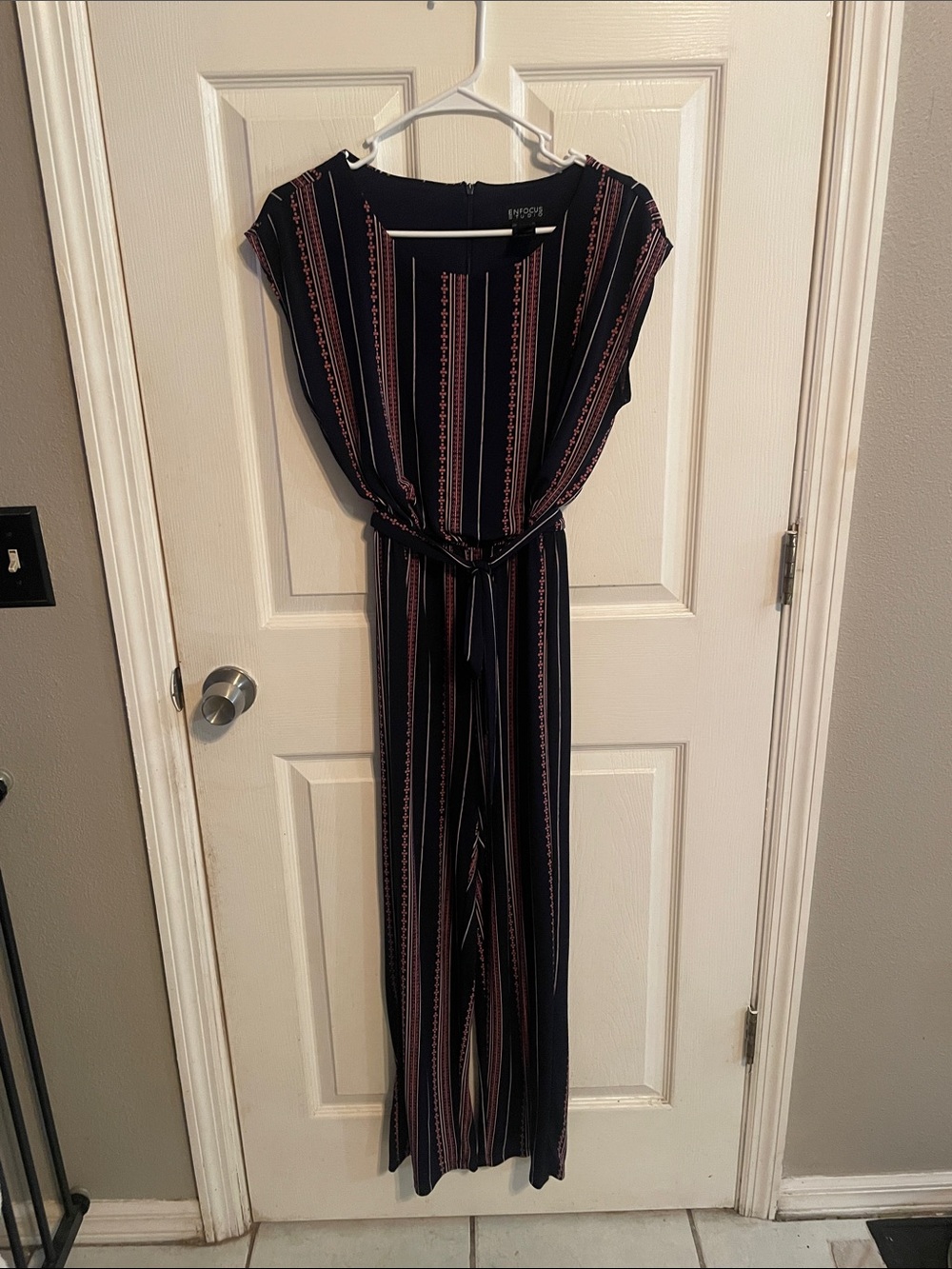 Enfocus Studio Navy Jumpsuit with Pink and Cream Vertical Stripes